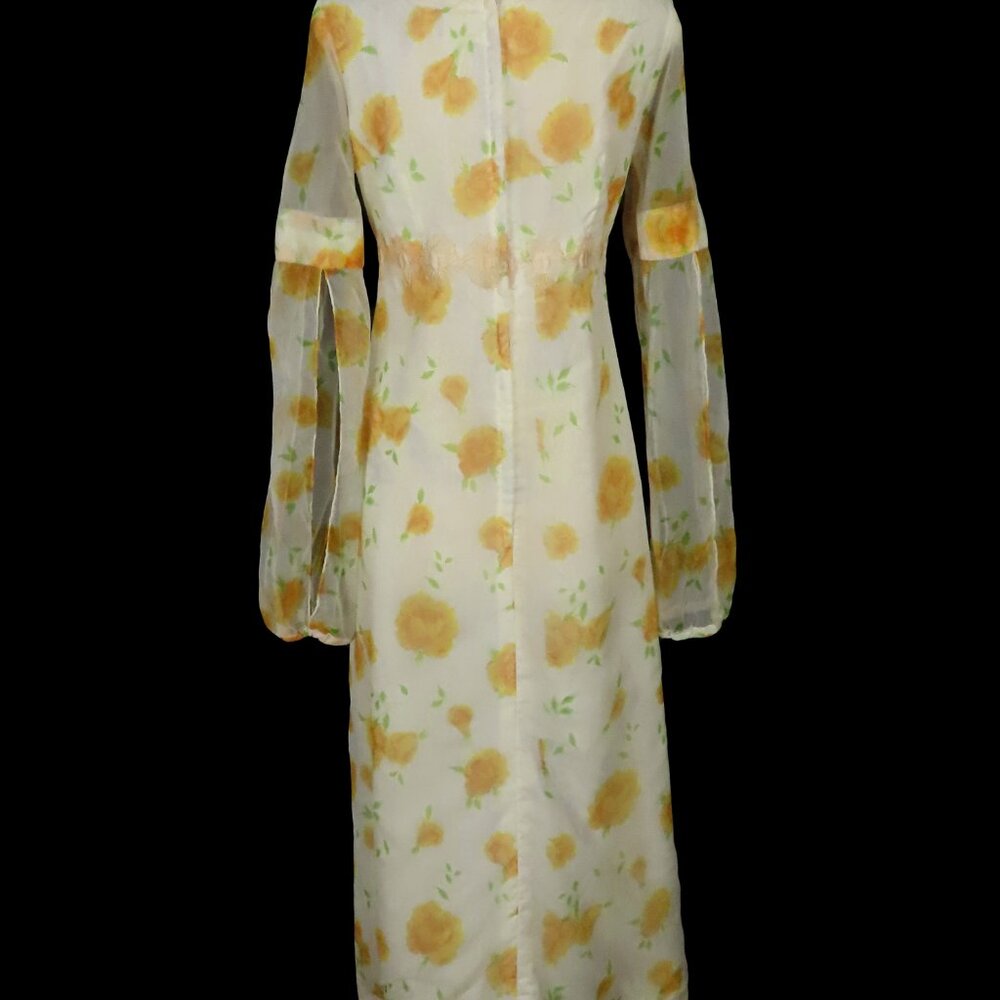 Vintage 70s Yellow Rose Floral Long Split Sleeves Empire Waist Maxi Dress L XL - Picture 5 of 16